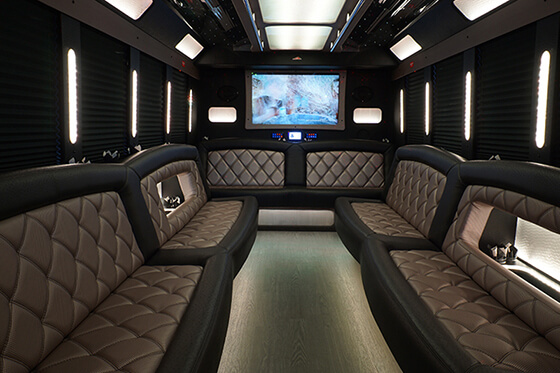 Party bus interior with flat-screen TV